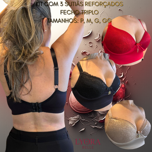 KIt 3 Sutiã Reforçado Ajustável Com Renda Fecho Triplo Alça Larga Com Bojo Confortável