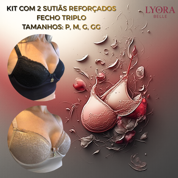 KIt 2 Sutiã Reforçado Ajustável  Com Renda Fecho Triplo Alça Larga  Com Bojo Confortável