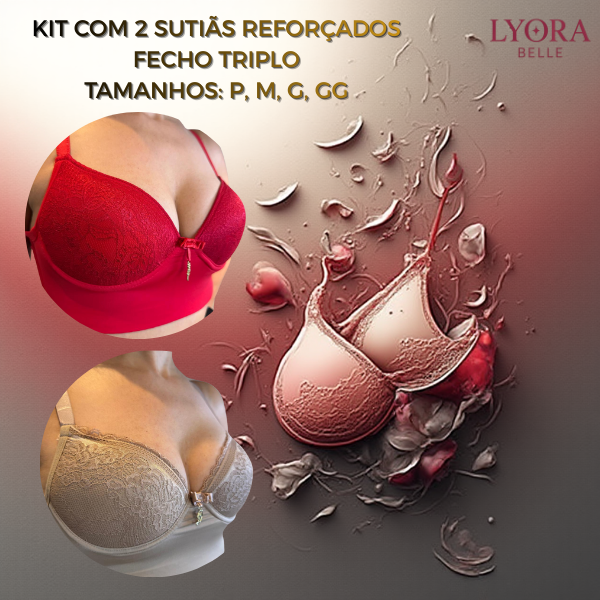 KIt 2 Sutiã Reforçado Ajustável  Com Renda Fecho Triplo Alça Larga  Com Bojo Confortável