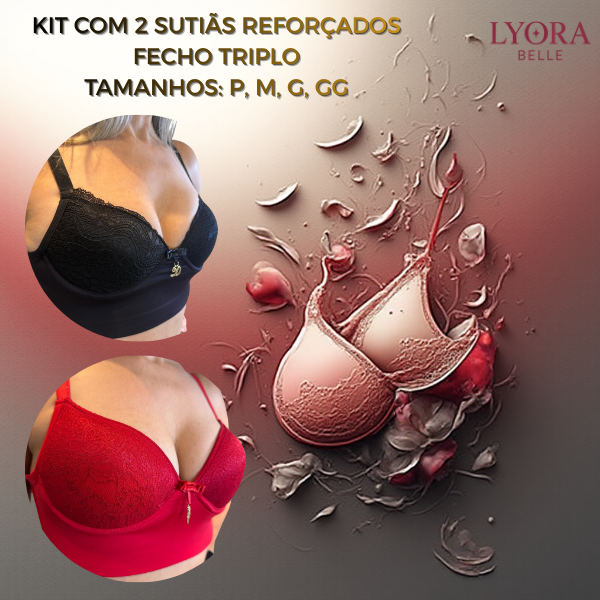 KIt 2 Sutiã Reforçado Ajustável  Com Renda Fecho Triplo Alça Larga  Com Bojo Confortável